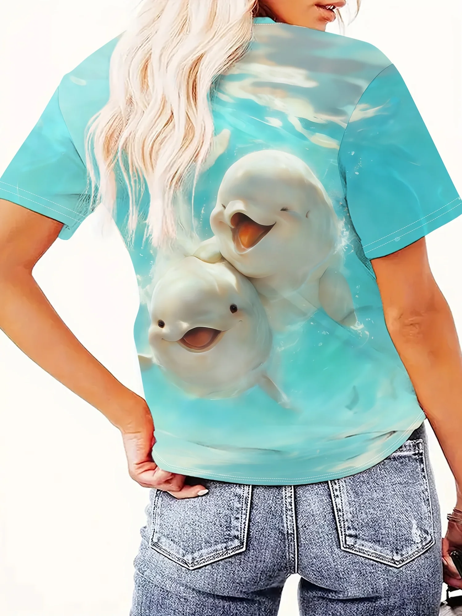Women's T‑shirt Cute Marine Animal Beluga Whale Art Graphic Short Sleeve O‑neck Summer Beach Vacation Look Women Tops