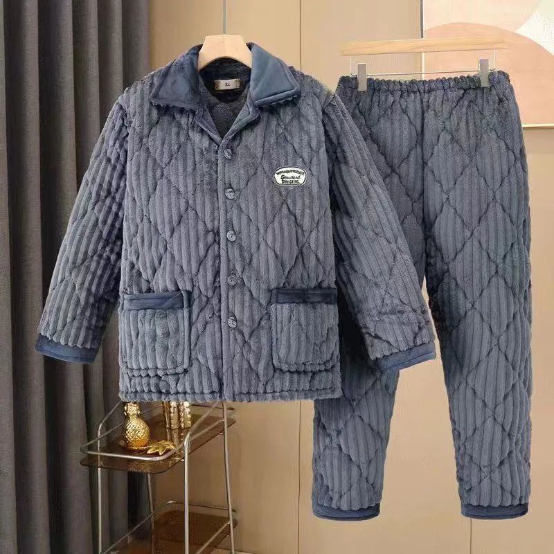 2024 New Male Winter Golden Turtle Fleece Loungewear pigiama da uomo tre strati Sleepwear Cotton addensato Set di abbigliamento per la casa