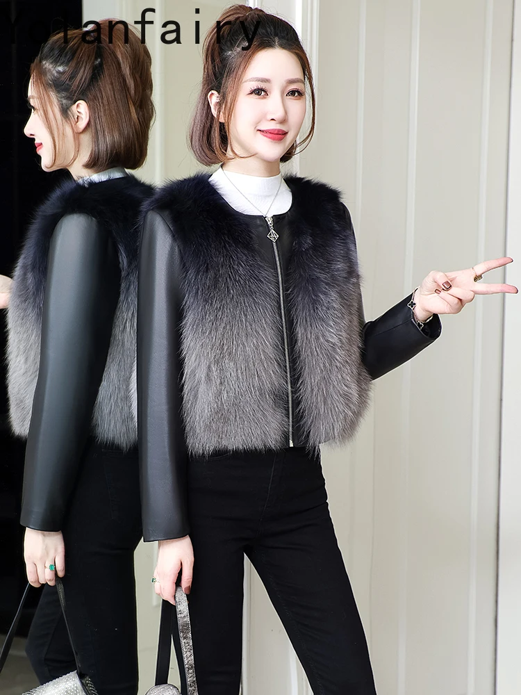 YOLANFAIRY Cappotto di pelliccia di volpe impiombato in vera pelle di pecora di alta qualità Donna Inverno Breve caldo Piumino O-Collo Giacca in vera pelle da donna
