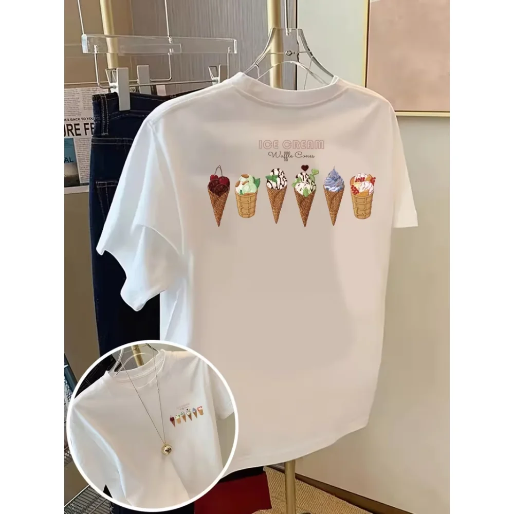 Retro Pastel Ice Cream Statement T-Shirt Crew Neck Short Sleeve White Casual Top Perfect For Cute & Fresh Summer Looks
