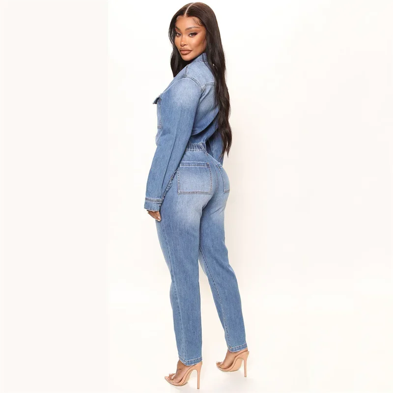 Women Chest Splicing Double Pocket Button Half-open Jumpsuit Stretch Pencil Jeans Lady Slim Fit Elasticated Waist Denim Rompers