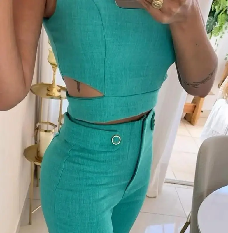 Two Piece Set Women Outfit 2023 Summer Fashion Casual Solid Color Round Neck Sleeveless Top & High Waist Straight Leg Pants Suit