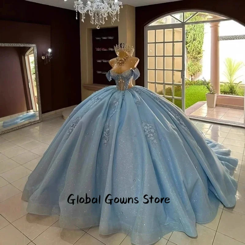 

Blue Ball Gown Quinceanera Dresses Sexy Off Shoulder Cinderella Birthday Vestidos De 15 Anos XV Party Gowns Customized