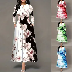 Women's S-3XL size Women's round neck long sleeved printed pockets waist cinching large hem skirt long skirt for women