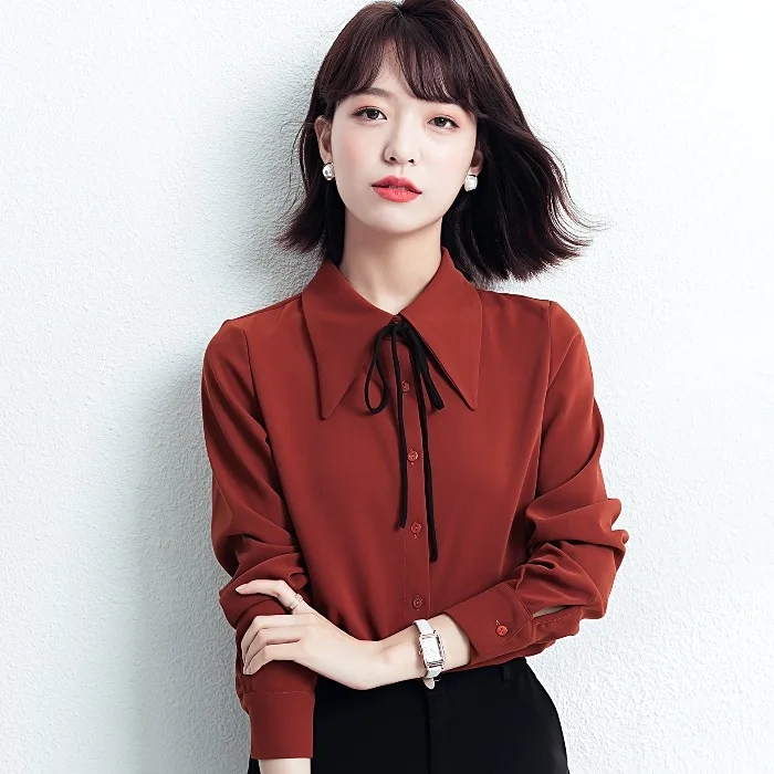 패셔너블한 레드 롱 슬리브 돌칼라 쉬폰 원피스 여성 가을옷 2025 신상 슬림핏 한국 스타일 스트레이트 컷 버튼 디테일