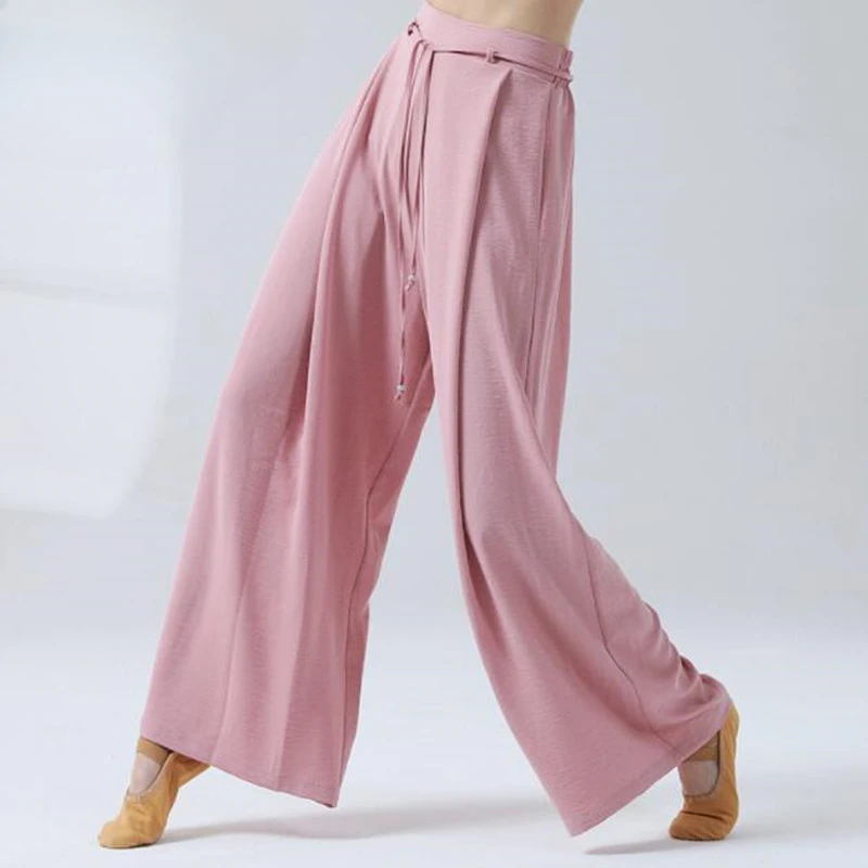 Chinese Folk Dance Wear Wide Leg Culottes High Waisted Stretch Flowy Belt Pants Classical Sports Costume Adults Practice Clothes