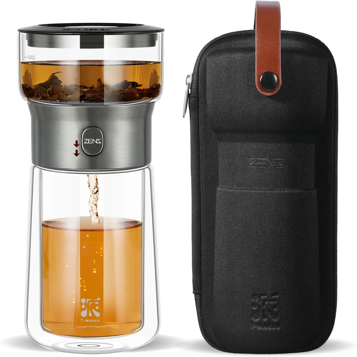 Modern Glass Tea Infuser Teapot with One-Touch Brewing, Insulated Mug and Portable Kit for Loose Tea Lovers