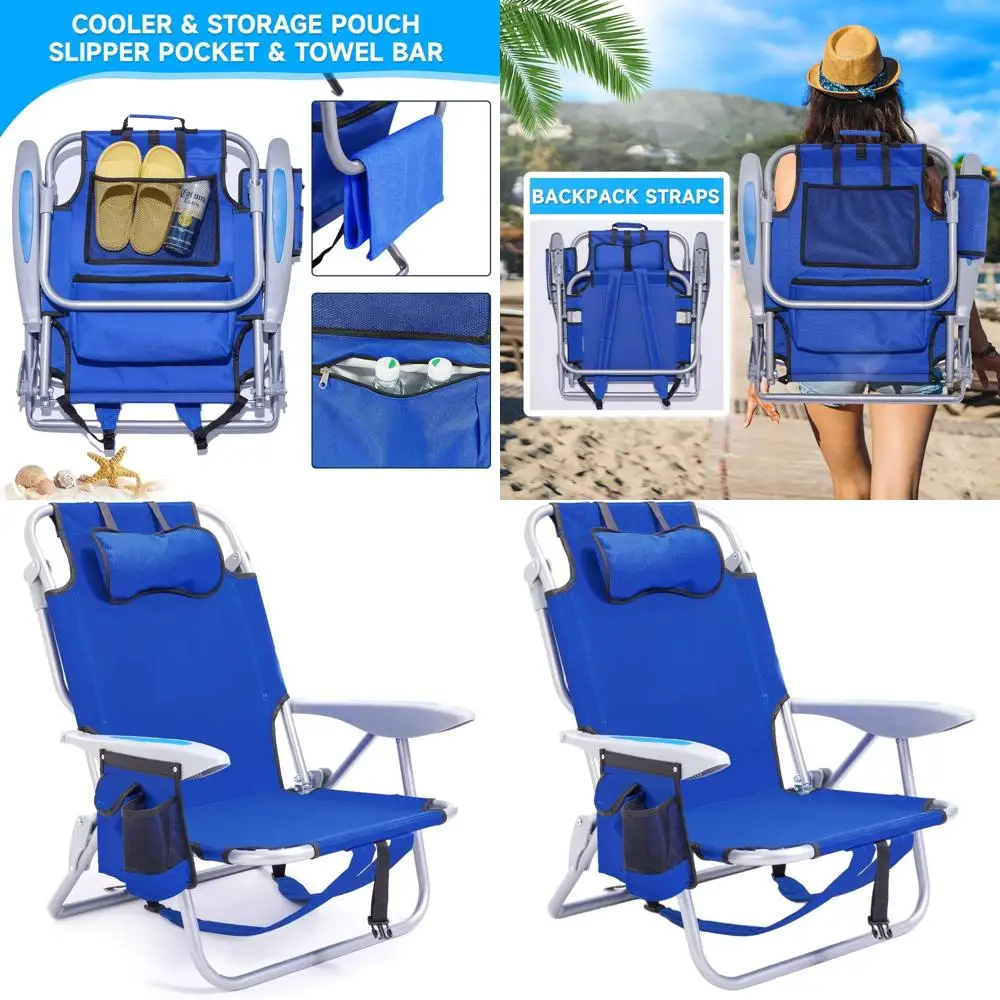 

Портативное пляжное и кемпинговое кресло для взрослых с 5-позиционным наклоном, подголовником, карманом, подстаканником, синим