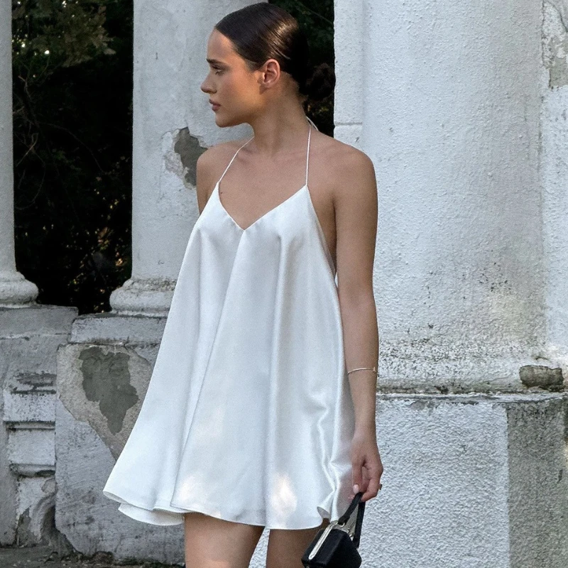 

TARUXY Sexy Halter-Neck Strappy Dress Women's Solid V-Neck Backless Loose Casual Short Vacation Dress Summer Party Club Dresses