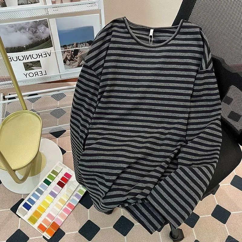 

Loose Long Sve Striped T-irt Women's Korean Sle Base irt Slimming Top Casual Faion Polyester Spandex Blend