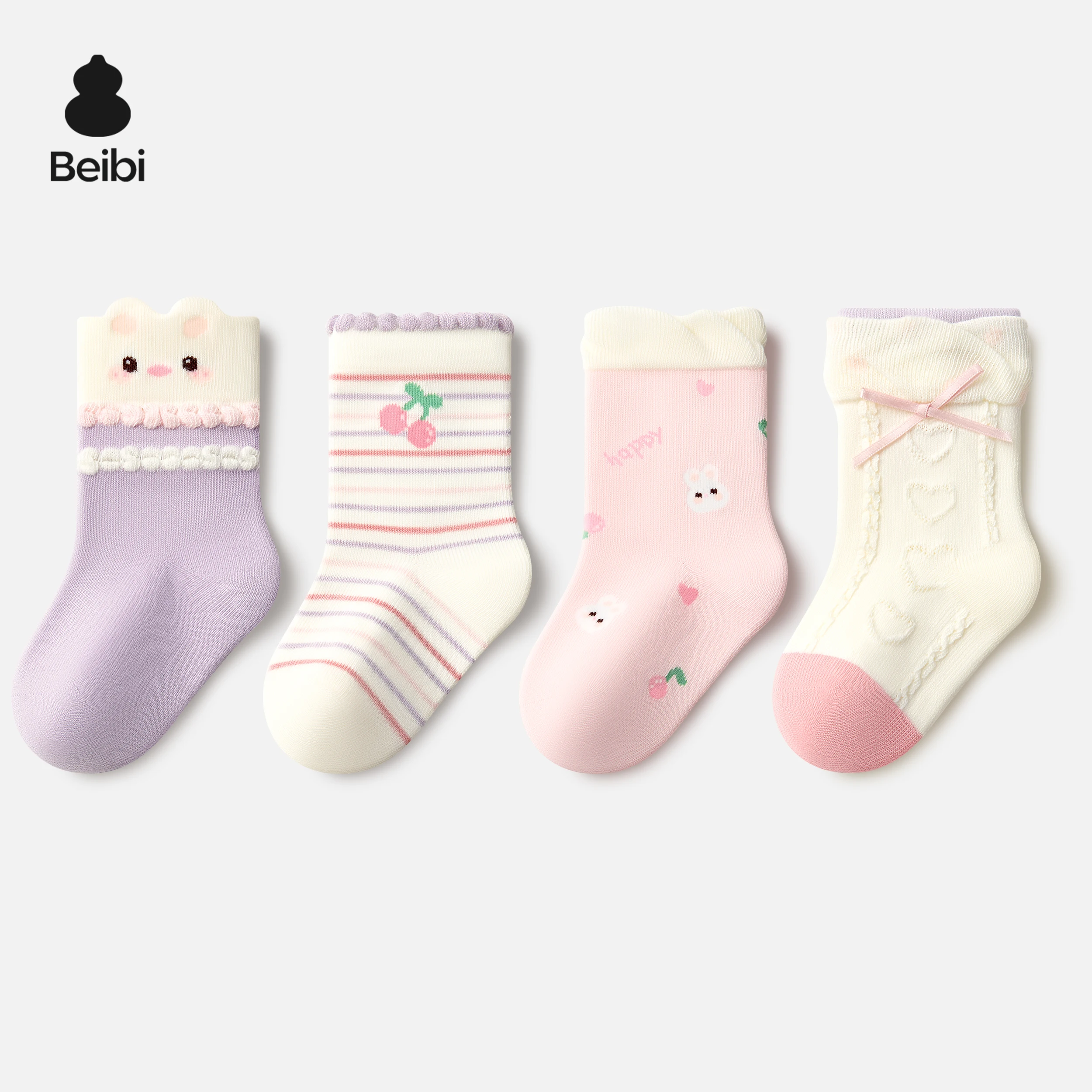 

Beibi 4-Pair Pack, Girls' Cartoon Print Mid-Calf Socks, All-Season Use, Suitable for Children Ages 0-6