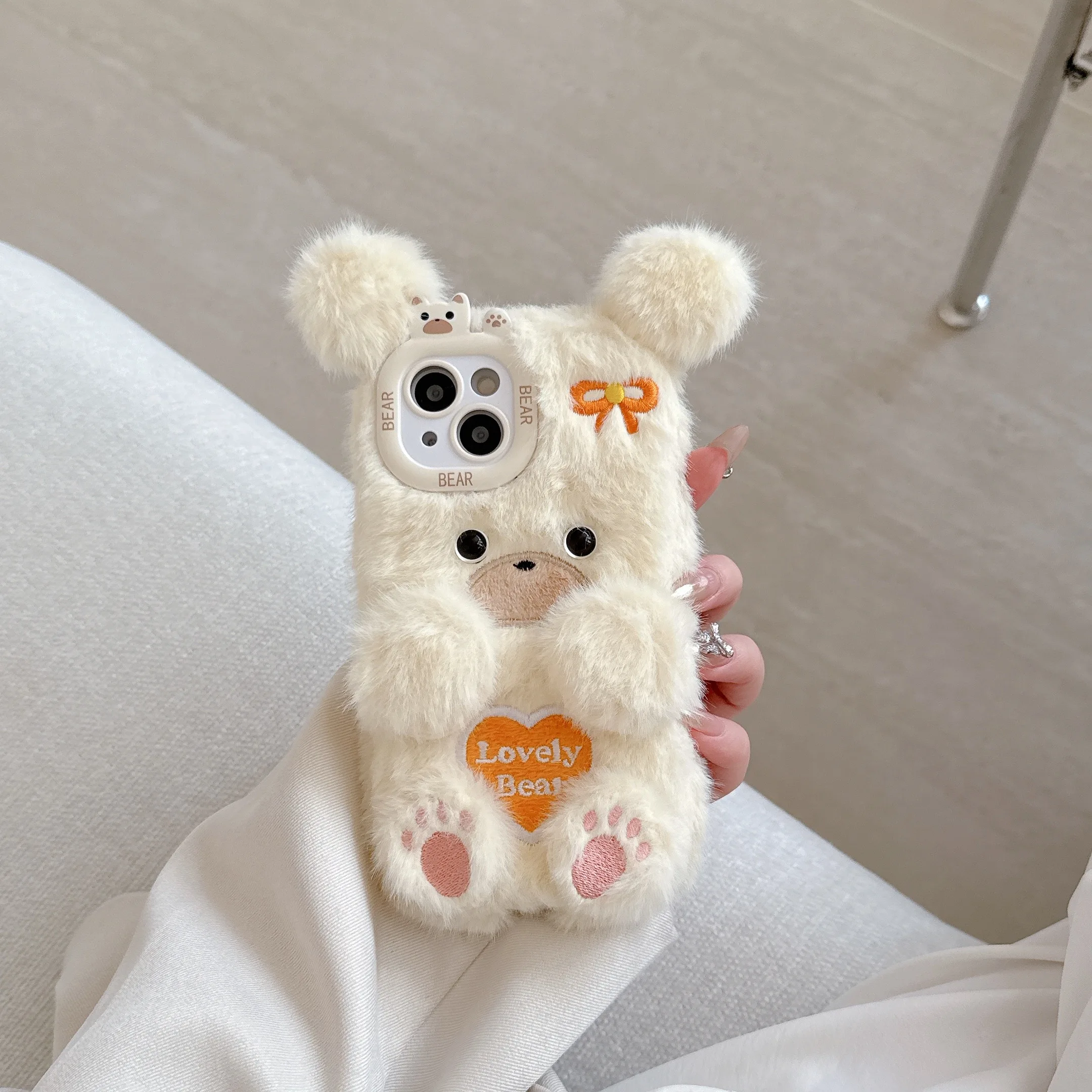 Cartoon Cute Flower Bear Plush Phone Case Couple's Autumn Winter Warm Phone Accessories for iPhone 16 15 Pro Max