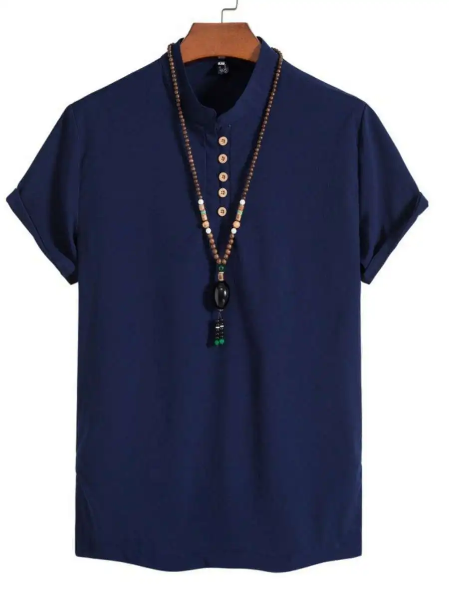 

New 2023 Summer Vintage Men's Sle ort Sve Stand Collar Loose Fit Pure Color irt Travel Casual Spring Faion
