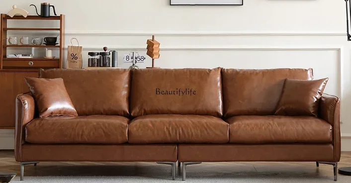 Жара в стиле ретро, коричневый масляный воск, кожаный минималистичный пуховый итальянский кожаный диван для небольшой квартиры