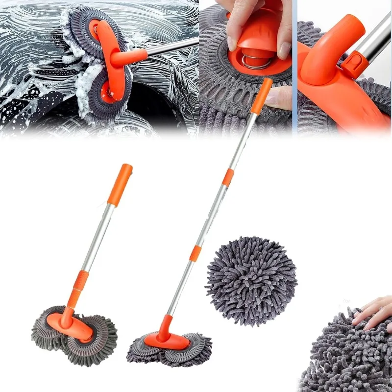 Curved Surface Twin Head Microfiber Brush Mop Auto Wash Brush Duster Car Washer Telescoping Long Handle Cleaning Tool Accessory