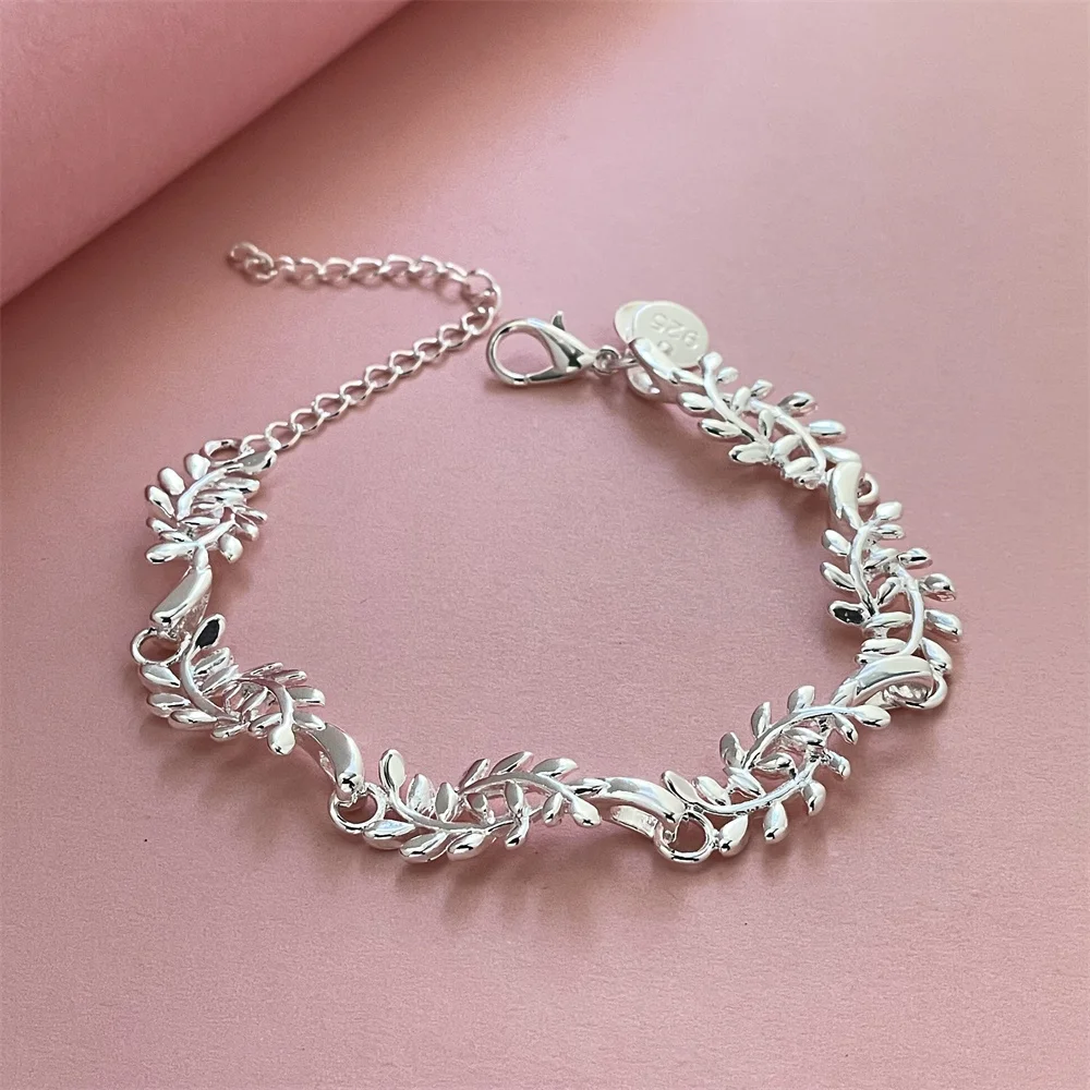 925 Sterling Silver Bracelet Leaf Feather Exquisite Women Fashion Wedding Party Gift Jewelry