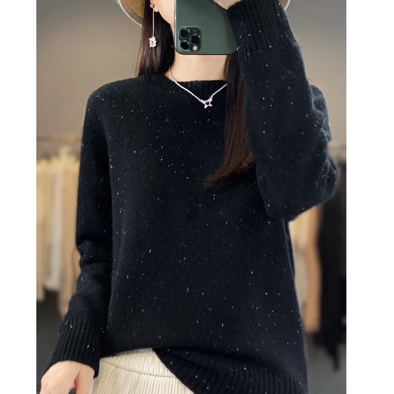 Women\'s 100% Pure Cashmere Sweater, Round Neck Pullover, Long Sleeve, Loose, Soft Waxy, Knit Bottoming Sweater