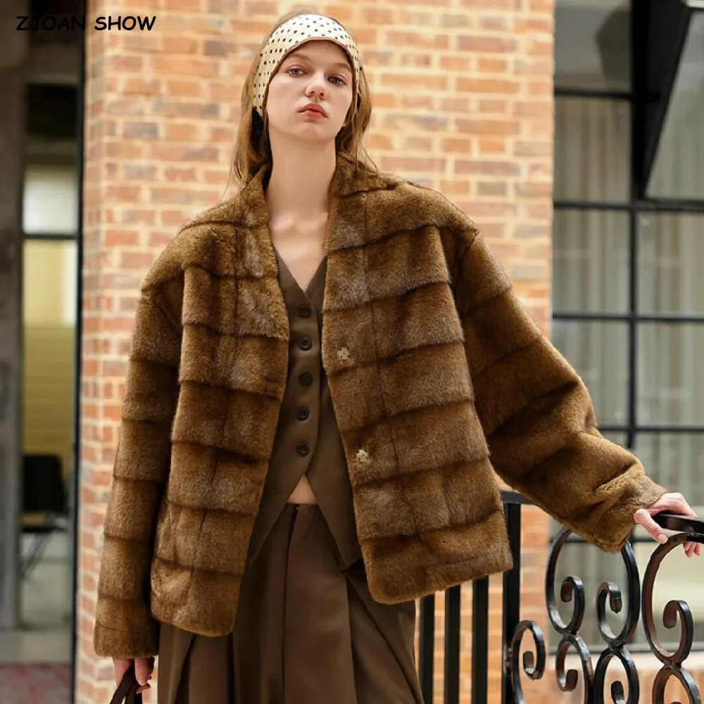 3 color 2025 Winter Embossing Strip Gradient Color Faux Mink Fur Coat Women V neck Full Sleeve Loose Warm Jacket Short Outerwear