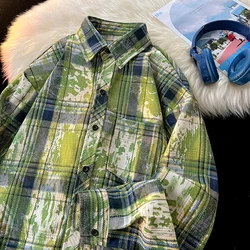 Korean Style Ink Splash Plaid Shirt Vintage Tie-dye Outdoor Shirt Autumn Unisex Men's Women's Long Sleeve Blouse Jacket