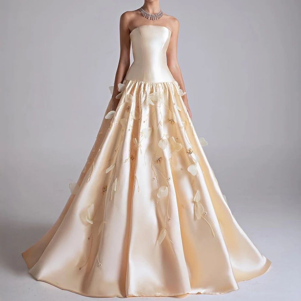 

A-line Women's Evening Dresses Floor-length Strapless Sleeveless Prom Gown Fashion Flowers Sequined Backless Customized Gowns