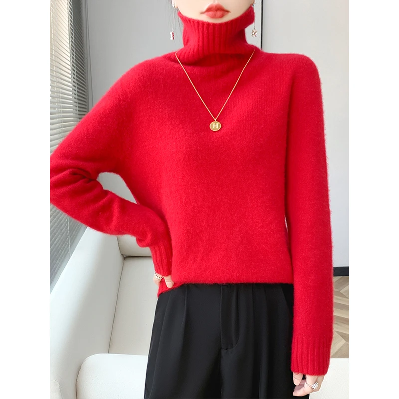 100% Merino wool cashmere women's sweater high neck long sleeve pullover winter padded pullover