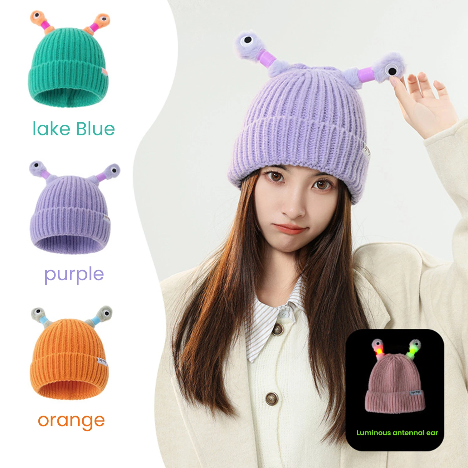 Chapéu de lã tricotado com olhos de monstro para mulheres Antena fofa dos desenhos animados, Gorro quente para meninas, Chapéu de inverno engraçado,