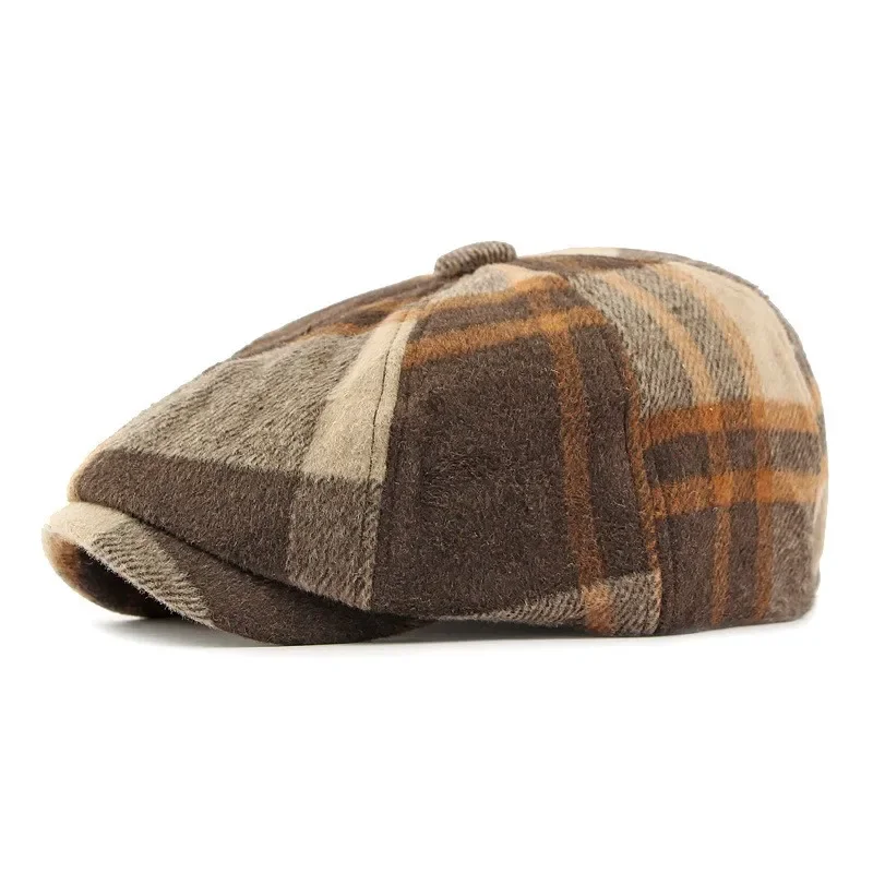 Men\'s and Women\'s Classic Plaid Beret Warm Octagonal Cap Casual Street Painter Hat Retro Newsboy Cap Hundred with Forward Cap