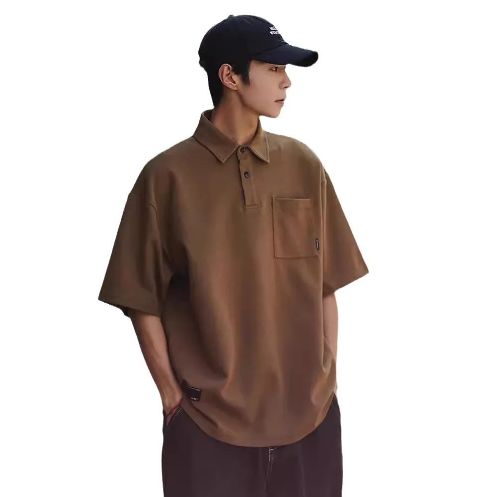 Short Sleeve POLO Shirt Men's Solid Color Pocket Summer Loose Lapel Half Sleeve T-Shirt Casual T-Shirt Top