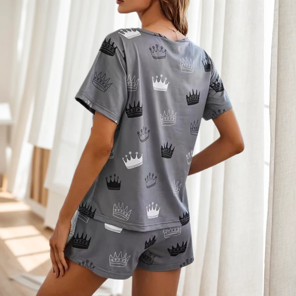 Women\'s Pajamas Set Sleepwear 2 PCS T-shirt And Shorts S M L Silvery Grey Ventilate Soft Casual Cartoon Cat Print