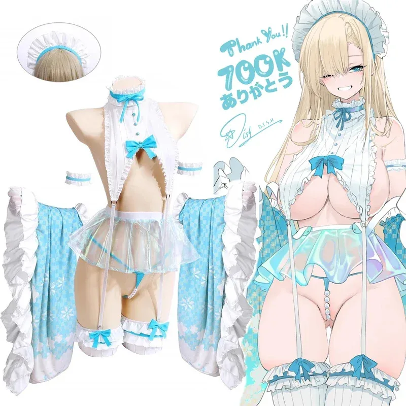 NewDishwasher Itinose Asena Cosplay Costumes Itinose Asena Sweet Maid Dress Blue Bikini  Anime Cosplay Transparent skirt kimono2