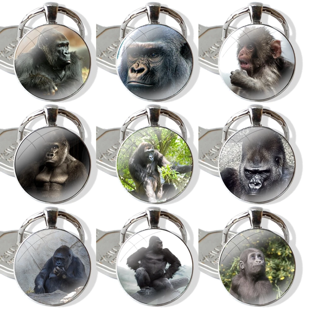 Monkey Gorilla Ape Baby Keychain Handmade Glass Cabochon Key Ring Holder Pendant Key Chains