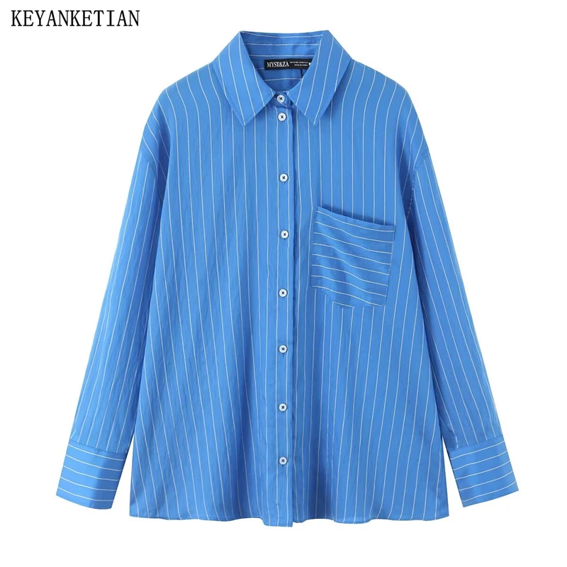 

KEYANKETIAN Spring/Autumn New Women's Vertical striped shirt Unisex style Pockets Single Breasted Oversize Blouses Casual Top