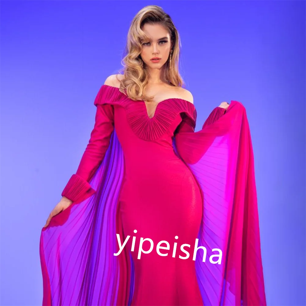 Customized Retro Jersey Sequined Ruched A-line Off-the-shoulder Long Dresses Celebrity Dresses Fashion Elegant Exquisite High Qu