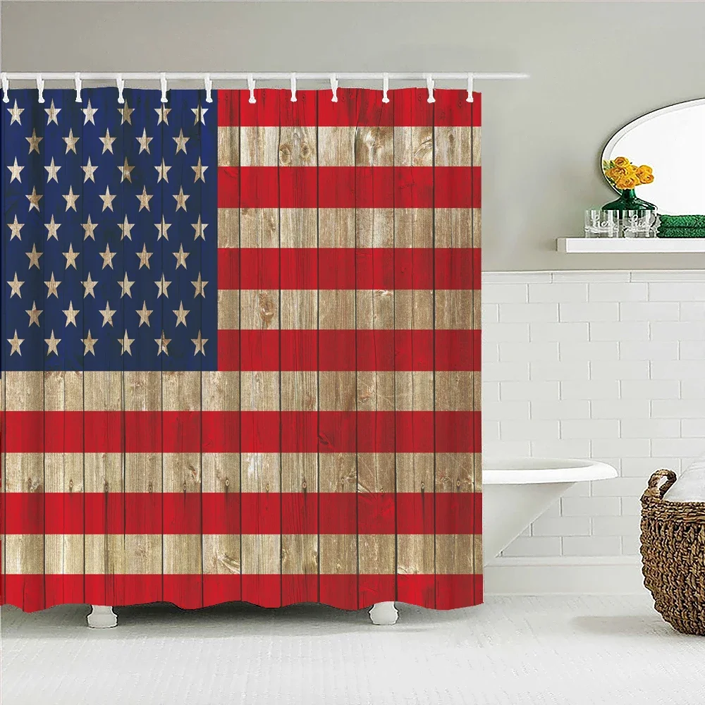 Vintage Wooden American Flag Shower Curtain Rustic Wood Plank USA Stars Stripes Patriotic Country Style Bathroom Decor Waterproo