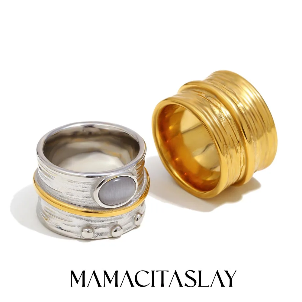 MamacitaSlay Breiter Ring aus 316L-Edelstahl, gemischte Farben, Opalstein, 18 Karat vergoldet, wasserdichter Schmuck, einzigartiger cooler Ring für Damen