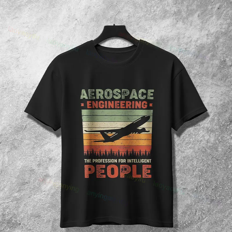 Retro Aerospace Engineer Graphic T-shirt with Rocket & Airplane Design 100% Cotton Short Sleeve Round Neck Casual Fashion Tee