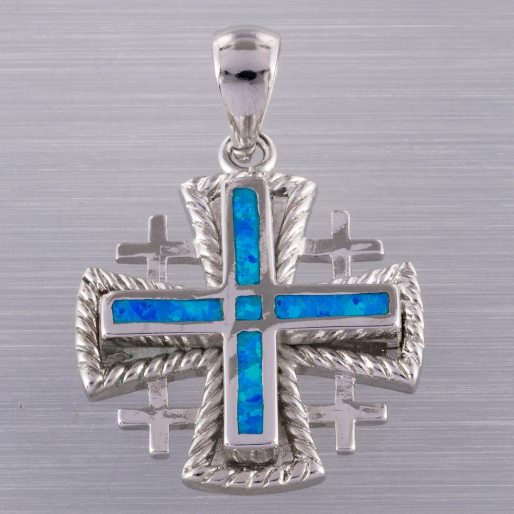 KONGMOON Jerusalem Cross Ocean Blue Fire Opal Jewelry for Women 3D Pendant for Necklace