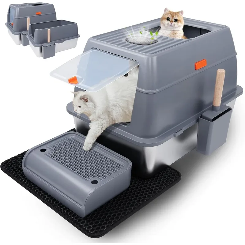 

Stainless Steel Cat Litter Box with Lid, Extra Large Enclosed Litter Box with Litter Scoop Mat & Front Step