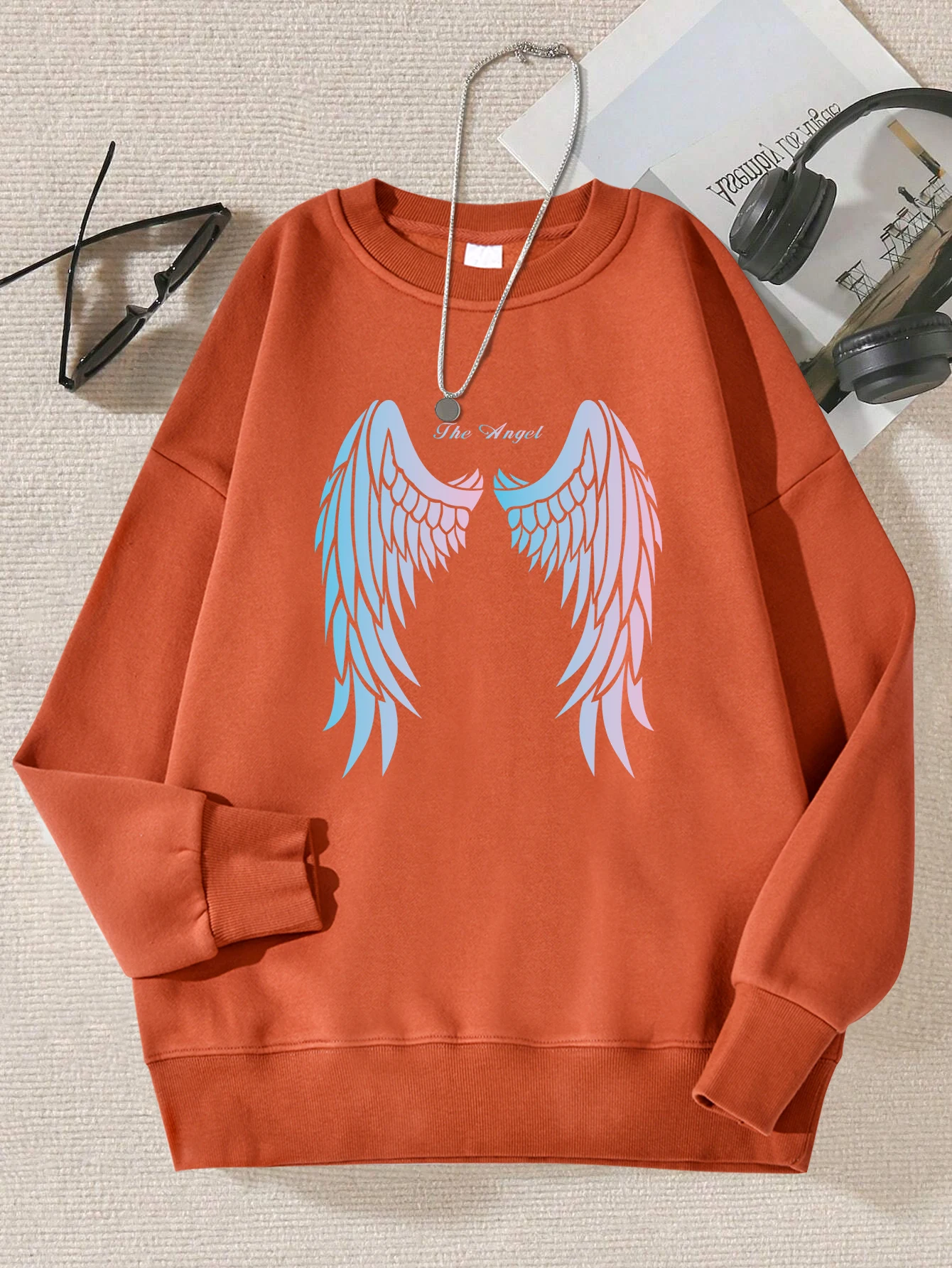 Gradient Wings Prints Female Sweatshirt Fleece Oversize Pullovers Autumn Unisex All-Match Streetwear Multicolor Crewneck Clothes