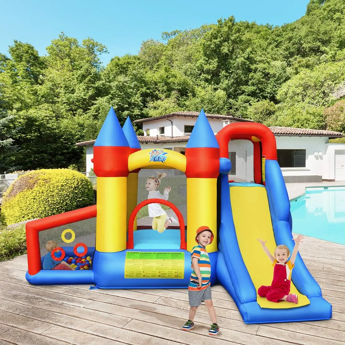 Inflatable Bounce House Kids Jumping Castle Bouncer W/Slides Outdoor Indoor Party Play House W/Basketball Rim Includes Carry