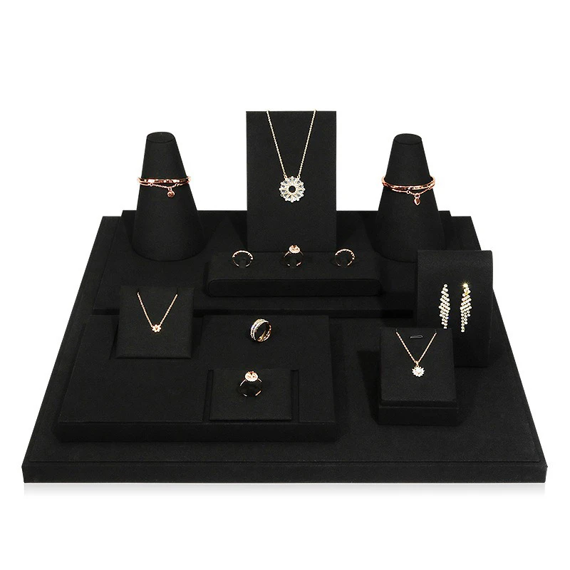 Black Leather Jewelry Display Stand Earrings Bracelet Necklaces Ring Window Showcase Rack Jewelry Organizer Displays Holder