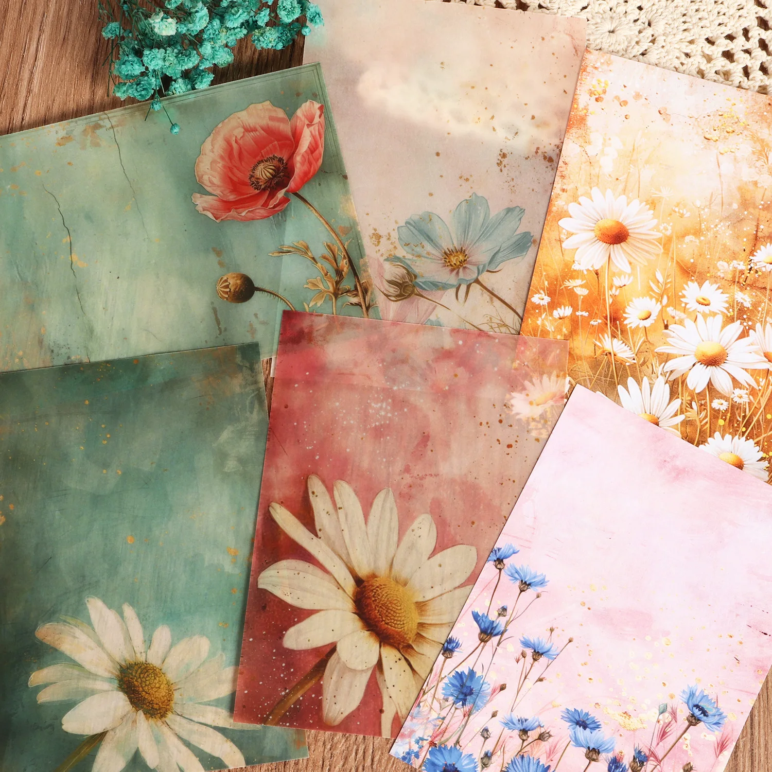 16 ورقة، 8 ورق حمض الكبريتيك الشفاف، 46 ملصقًا من ورق ديكور مجلة غير المرغوب فيه على شكل زهرة برية، للحرف اليدوية الفنية، سكرابوكينغ #3