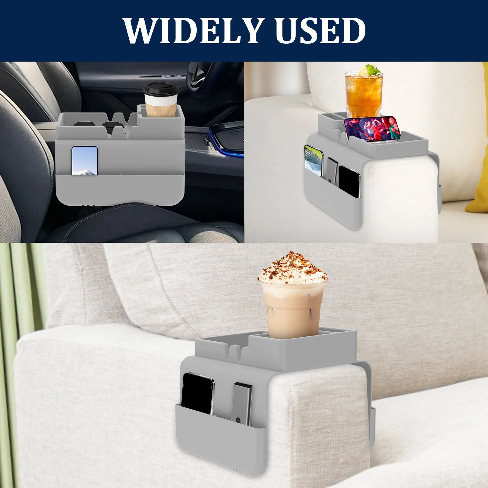 Sofa Cup Holder Silicone Sofa Armrest Tray with Side Pocket Dual Slot Beverage Snack Storage Phone Remote Control Organizer