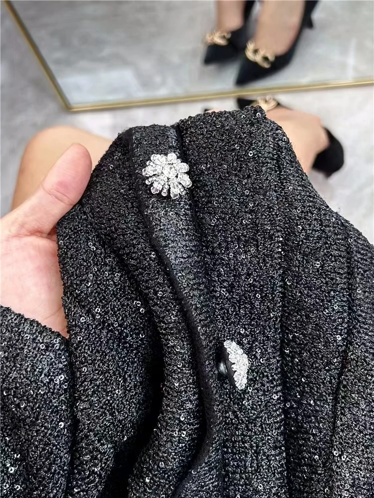 2024 Early Autumn Exquisite Flowers Nail Beading Sequined Short Knitted Cardigan Jacket Women\'s Pleated Skirt Fashion Suit