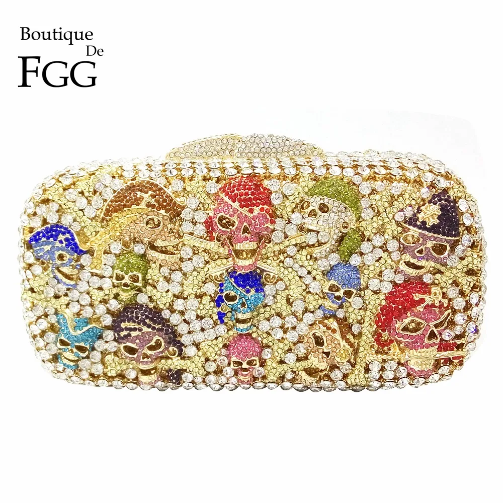 

Boutique De FGG Colorful Skull Pirate Women Crystal Clutch Evening Bags Party Cocktail Rhinestone Minaudiere Handbags Purses