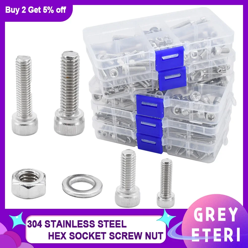 304 Stainless Steel Hex Socket Screw Bolt Nut Washer Set M2 M3 M4 M5 M6 Metric Thread Metal Machine Screws Gasket Assortment Kit