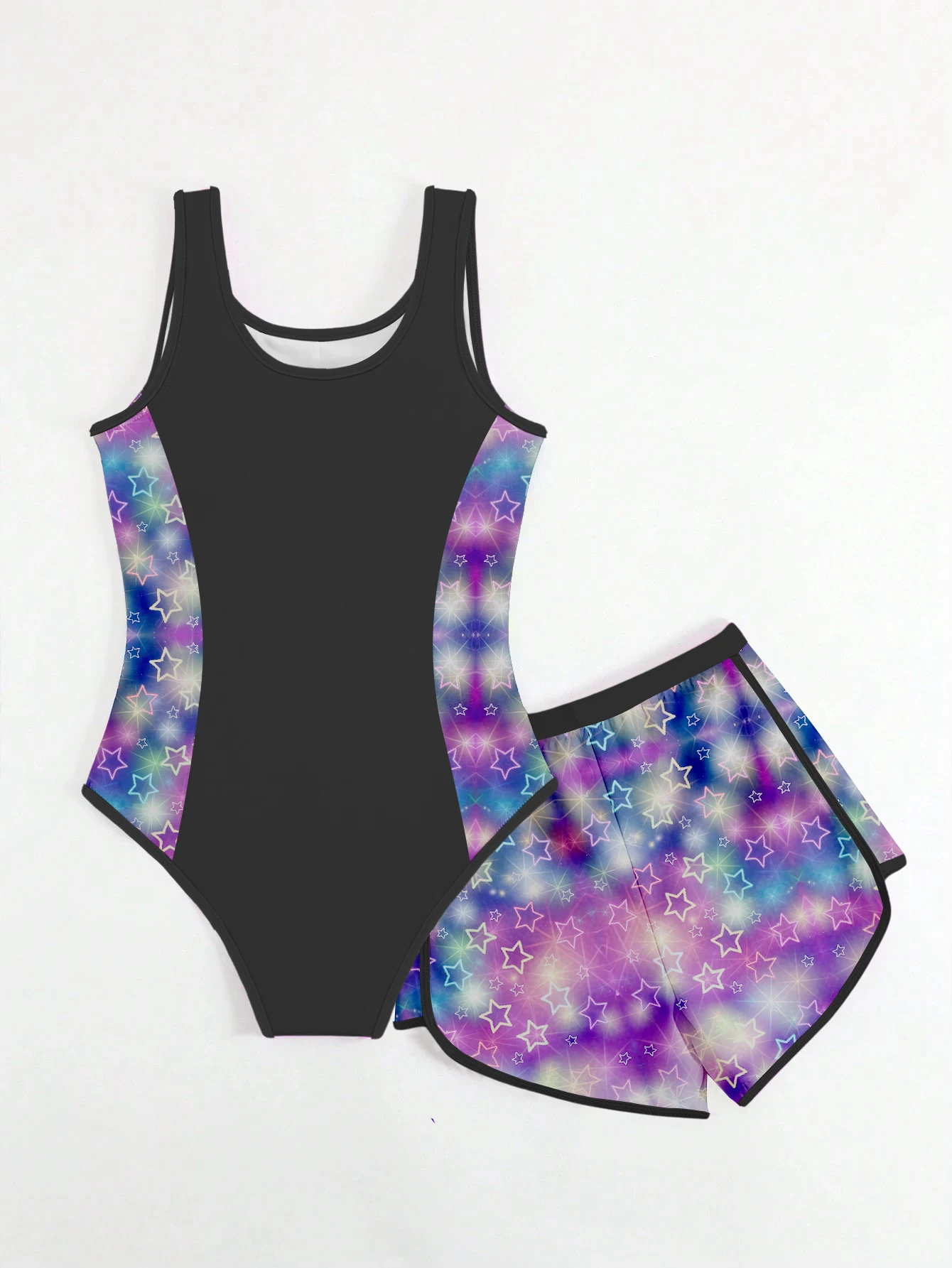Sweet & Cool Girls' Swimsuit with Cartoon Prints + Gradient All-over Printed Shorts, 2-Piece Set for Water Park & Vacation, Mult
