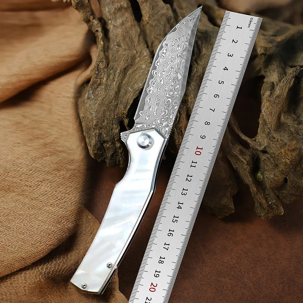 

Damascus Steel Portable Folding Knife Resin Color Shell Handle Pocket Tool Small Knife
