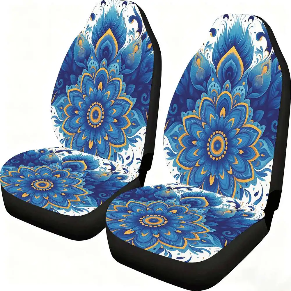 2pcs Blue & Golden Floral Mandala Car Seat Covers For Women & - Fit For Cars, SUVs, Trucks Front Seats, High-Back Design, Elegan