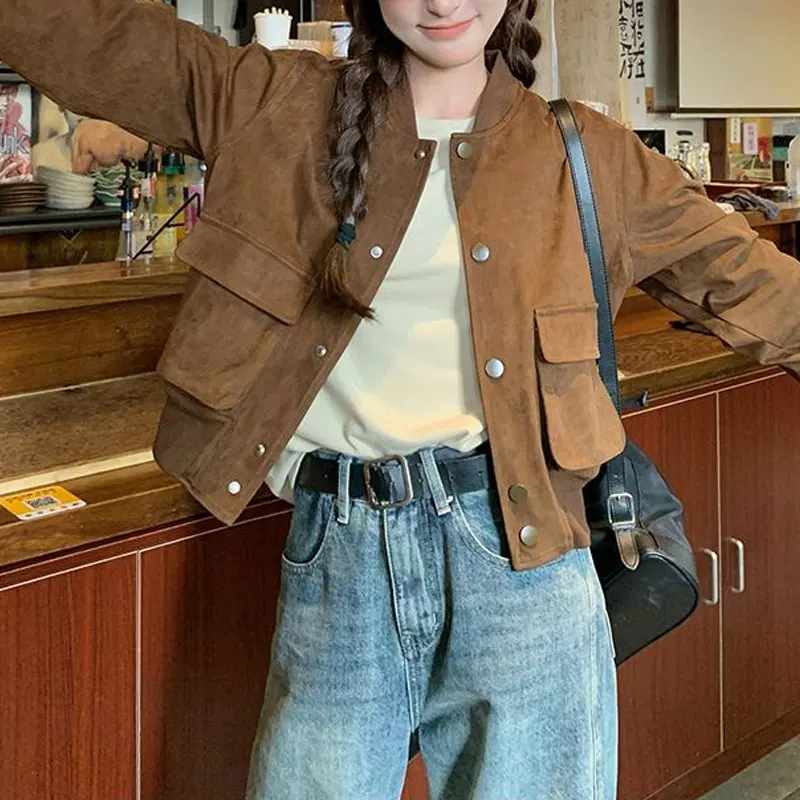 Female Clothing Maillard Retro Coats Imitation Suede Autumn Winter Baseball Collar American Loose Single-breasted Short Jackets